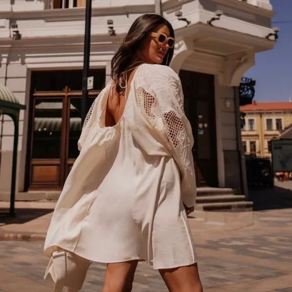 NWT H&M Low Back Voluminous Embroidery Sleeves Mini Dress